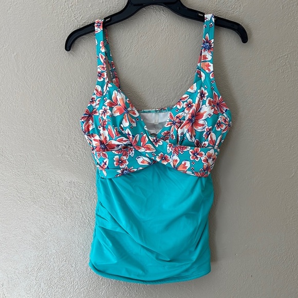 Women’s Lands End Tankini Top, Size 10L, Teal Floral - Picture 1 of 7
